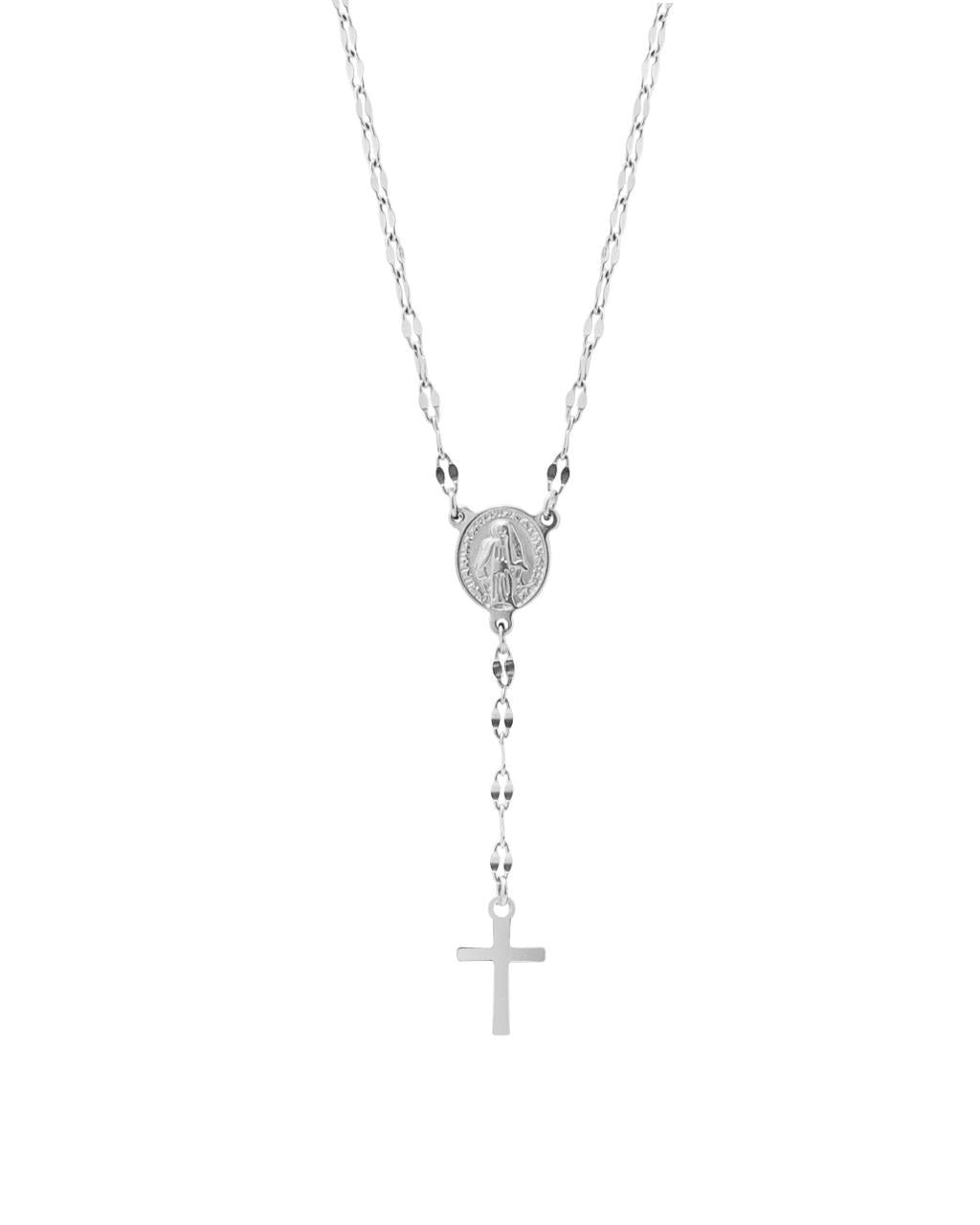 Collar Rosario Luminar Plata en acero inoxidable, medalla central y cruz colgante